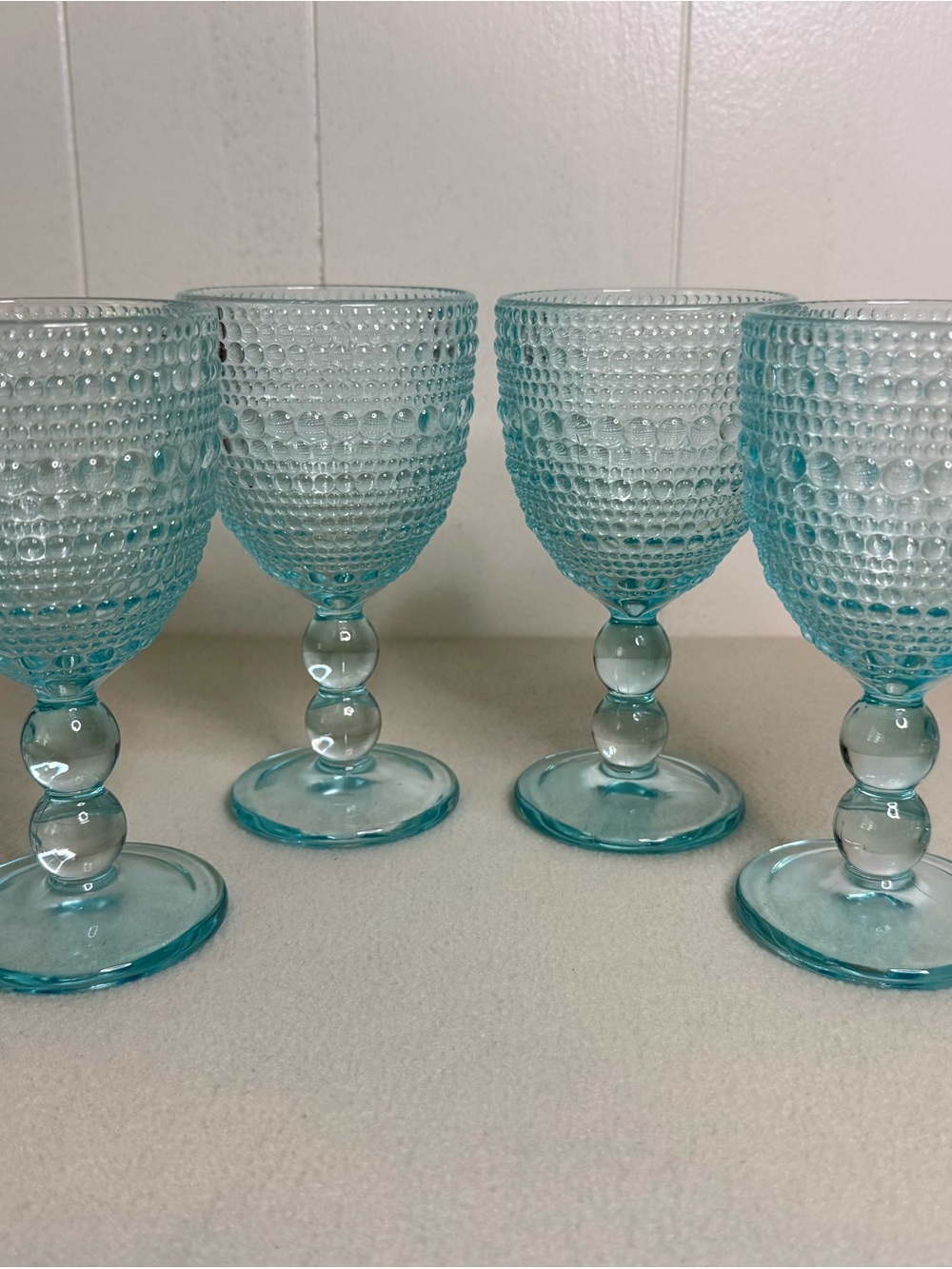 Baby Blue Hobnail Textured Stemmed Goblet Glasses - Set of 4